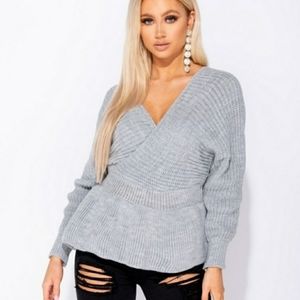 Sweet Sophistication Gray Wrap Peplum Sweater